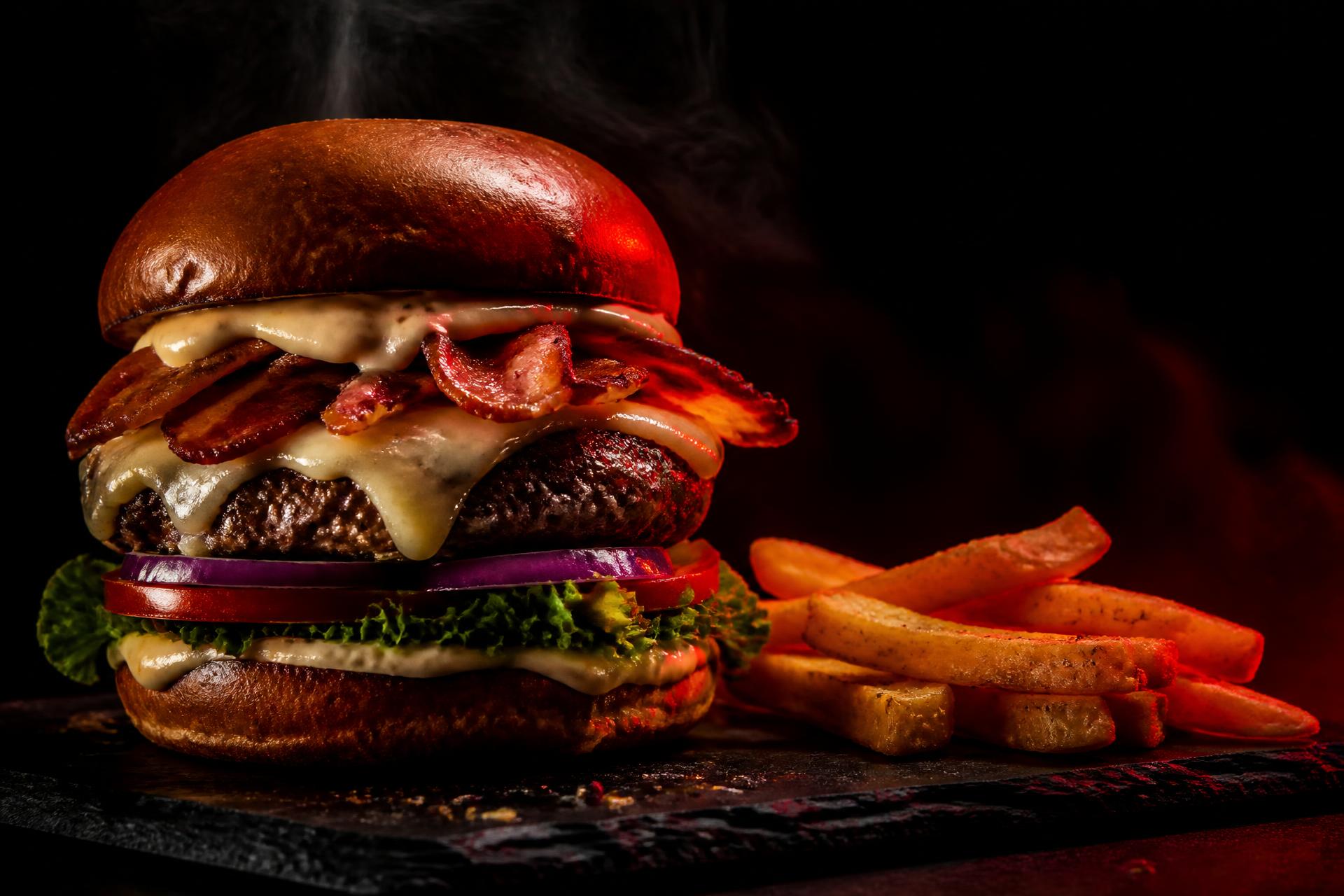 Close-up food photography of a burger and fries for an Atlanta restaurant